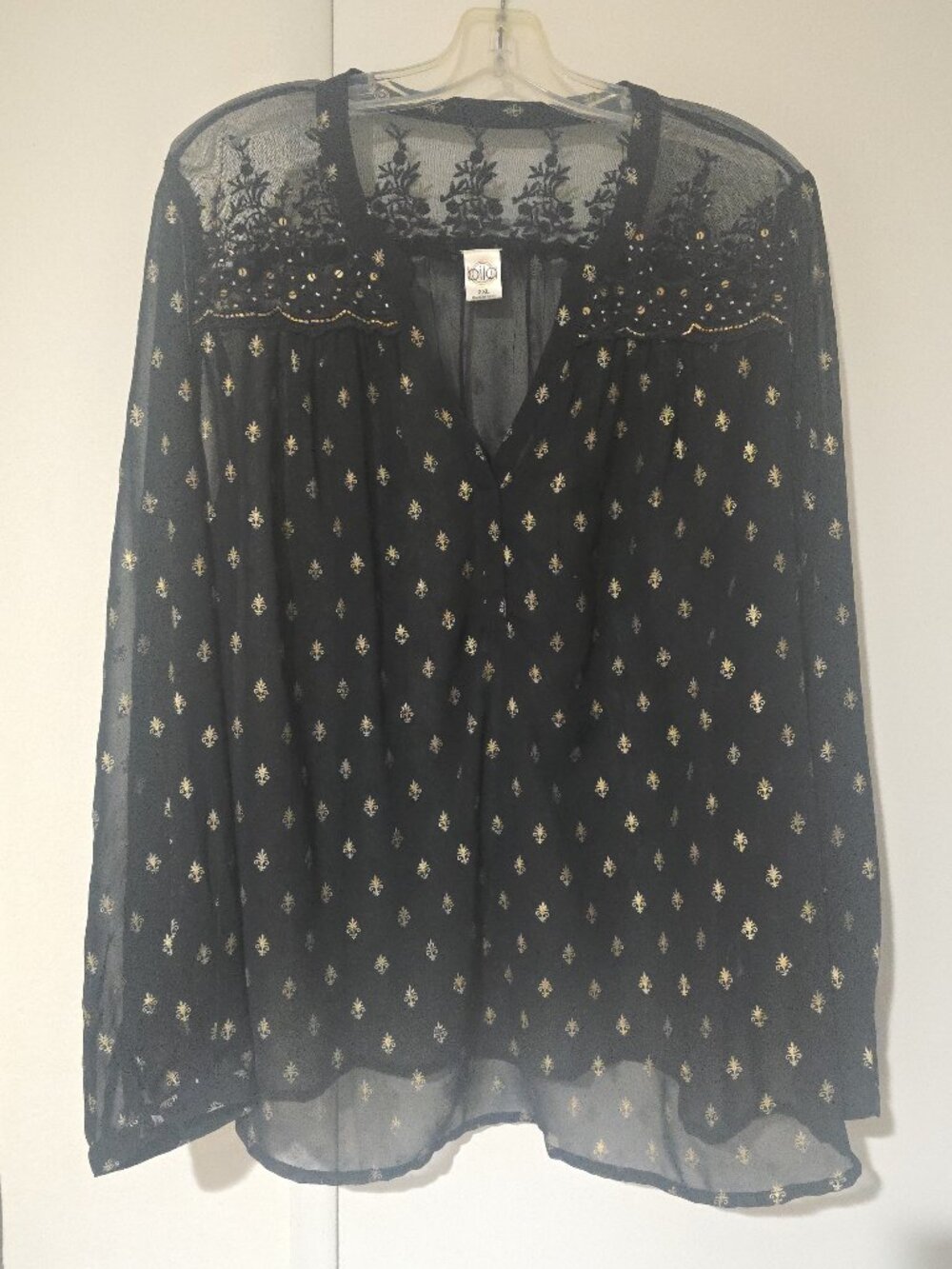 Bila Sheer Boho Blouse Womens XXL Black Gold Fleur de Lis Beaded Long Sleeve Top